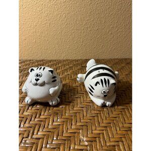 Vintage Pier I Whimsical Cat Black And White Strip Salt and Pepper Shaker Set